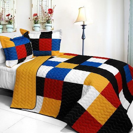 Blue Black Red White Yellow Checkered Boys Bedding Full/Queen Quilt Set Teen Geometric Modern Bedspread