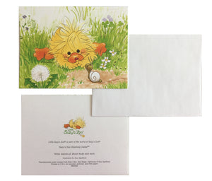 Carte de vœux avec enveloppe représentant un canard et un escargot dans un pré du zoo de Little Suzy