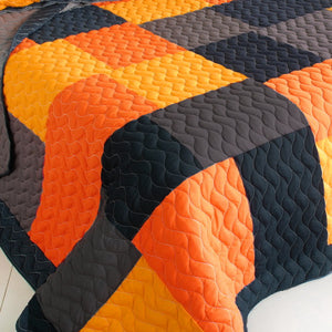 Black Orange Patchwork Teen Boy Bedding Full/Queen Quilt Set Gray Colorblock Bedspread