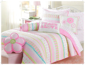 Modern All Cotton Shabby Chic Pink Green Floral Polka Dot & Striped Little Girls Bedding Twin Full/Queen Quilt Set Coverlet Bedspread with Blue Ruffle