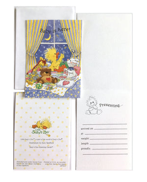 Carte de vœux avec enveloppe pour faire-part de naissance du bébé du zoo de Little Suzy - Berceuse de Blue Witzy - Canard, ours, lapin, girafe
