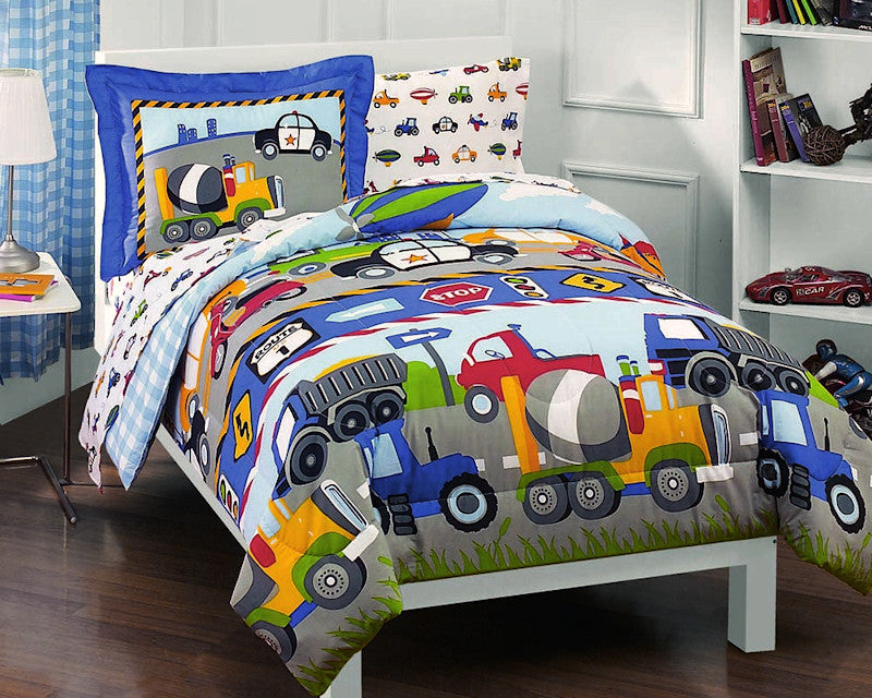 Kids Bedding Construction Trucks Police Cars Tractors Boys Twin Comforter Set