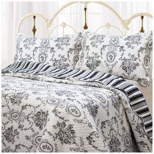Luxury Cotton Black White Grey French Medallion Bedding Full/Queen King Elegant Romantic Victorian Quilt Set Floral Pattern Reversible Coverlet Bedspread