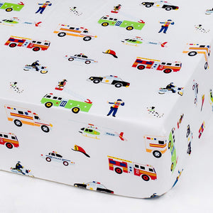 Fire Trucks, Police Cars Rescue Heroes Microfiber Fitted Baby Crib Sheets 2-Pack