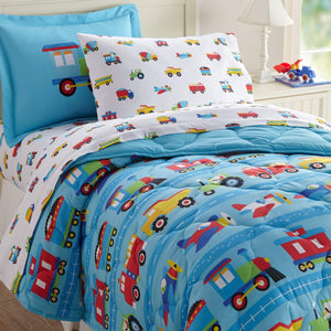 Blue Trains Planes Trucks Fire Trucks Microfiber Bed in a Bag Toddler Twin Full Bedding Comforter & Sheet Set