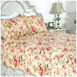 Victorian Yellow & Pink Red Rose Country Cottage Garden Bedding Full/Queen King Quilt Set Cotton Scalloped Elegant Romantic Bedspread