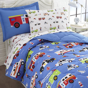 Rescue Heroes Police Ambulance Fire Trucks Microfiber Bed in a Bag Toddler Twin Full Bedding Comforter & Sheet Set