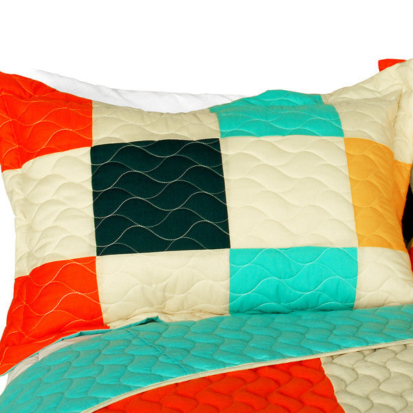 Modern Orange Green Patchwork Teen Bedding Full/Queen Quilt Set Colorblock  Bedspread