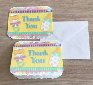 Baby Shower Yellow Thank You Cards 8 CT - Baby Icons Rattles & Bottles
