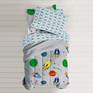 Gray Outer Space Rocket Boys Bedding Twin Comforter Set Bed in a Bag Ensemble