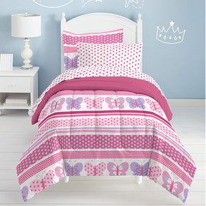 Pink Butterfly Dots Girls Bedding Todder, Twin or Full Comforter Set Bed in a Bag Ensemble