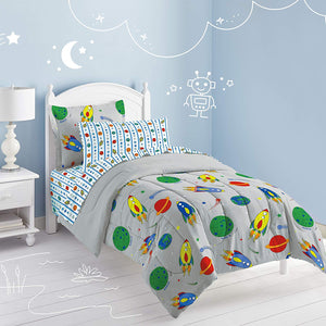 Gray Outer Space Rocket Boys Bedding Twin Comforter Set Bed in a Bag Ensemble