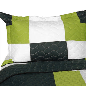 Geometric Green White Crisscross Teen Boy Bedding Full/Queen Quilt Set - Pillow Sham