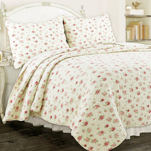 Rose Bud Floral Print Quilt Bedding Set Bedspread