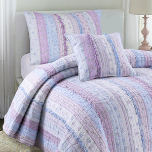 Feminine Romantic Shabby Chic Soft Lavender Ruffled Lace Girl Bedding Twin Full/Queen King Cotton Quilt Set Striped Floral Print