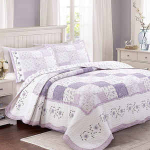 Romantic Lavender Girls Bedding Floral Patchwork Twin Full/Queen King Cotton Quilt Set Lilac Reversible Bedspread