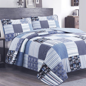 Elegant Plaid Blue White Classic Real Patchwork Boys Teen Bedding Twin Full/Queen King Quilt Set Modern Luxury Cotton Coverlet Bedspread