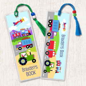 Trains Planes Trucks Personalized 2 PC Bookmark Set