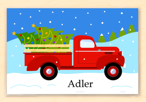 Mantel individual personalizado con diseño de camión rojo antiguo y árbol de Navidad de 18" x 12" con alfabeto