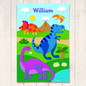 Felt Dinosaurs Personalized Kids Wall Art Print 12" x 18"