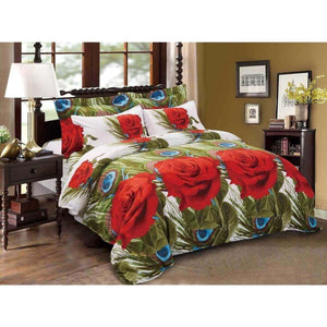 Red Rose & Peacock Feathers Duvet Cover Bedding Set Queen or King Designer Ensemble