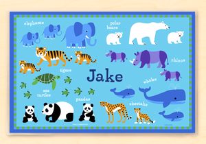 Mantel individual personalizado de animales salvajes en peligro de extinción de 18" x 12" con alfabeto
