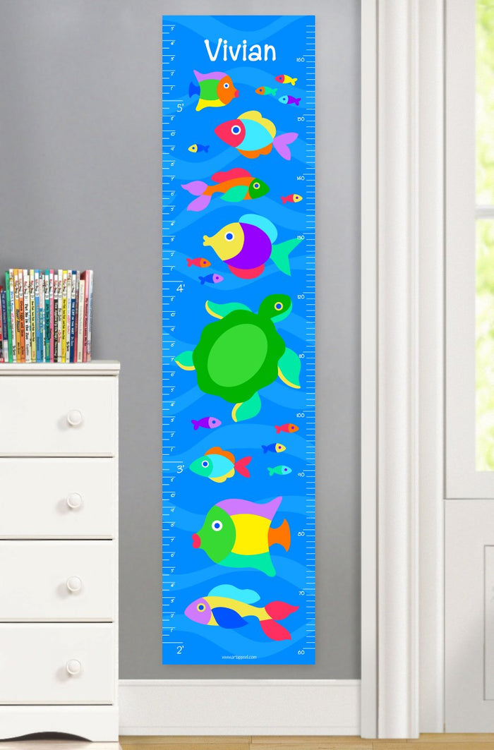 Tropical Fish & Turtle Blue Ocean Personalized Kids Canvas Height Growth Chart