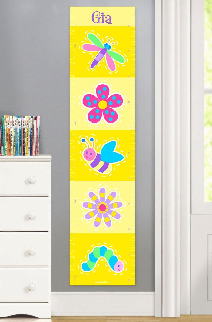 Yellow Flowers & Bugs Personalized Kids Canvas Height Growth Chart