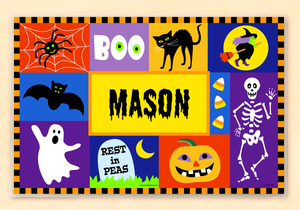 Mantel individual personalizado de Halloween Boo de 18" x 12" con alfabeto