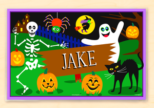 Letrero de Halloween personalizado con diseño de esqueleto de gato negro fantasma de 18" x 12" con alfabeto