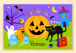 Mantel individual personalizado de Halloween con forma de Jack O' Lantern, gato negro, casa embrujada, 18" x 12" con alfabeto