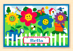 Mantel individual personalizado con diseño de flores de Happy Garden de 18" x 12" con alfabeto
