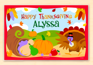 Mantel individual personalizado con diseño de pavo y cosecha de Acción de Gracias, 18" x 12" con alfabeto