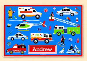 Mantel individual personalizado de 45,7 x 30,5 cm con el alfabeto de Rescue Heroes Police Fire Truck Ambulance