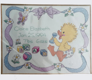Vintage Suzy's Zoo Baby's Friends Baby Duck with Toys & Ribbons Counted Cross Stitch Kit Keepsake Baby Birth Announcement Sampler Janlynn 1994