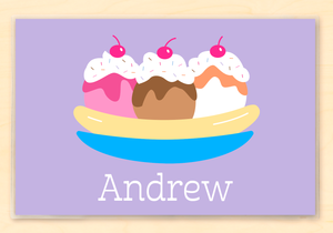 Mantel individual personalizado para niños con diseño de lavanda y helado de 18" x 12" con alfabeto