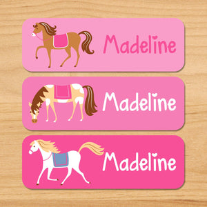 Etiquetas impermeables rectangulares personalizadas de 33 ct con diseño de caballos en color rosa