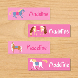 Etiquetas pequeñas impermeables personalizadas de 80 ct con diseño de caballos en color rosa