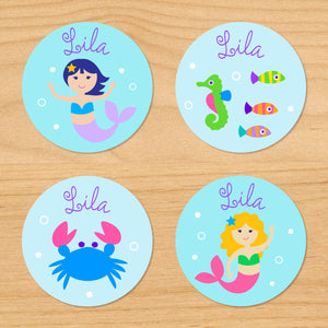 Mermaids & Fish Personalized Round Waterproof Labels 24 CT