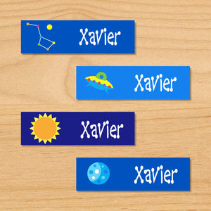Etiquetas pequeñas impermeables personalizadas de 80 CT con diseño de cohetes y planetas del espacio exterior