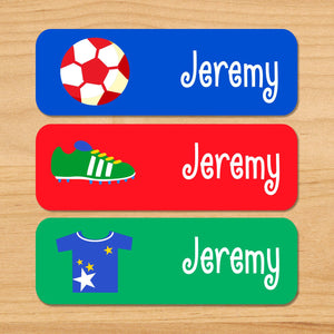 Etiquetas impermeables rectangulares de 33 ct personalizadas con diseño de niño futbolista