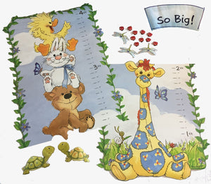 Tableau mural de croissance et de taille pour enfants du zoo de Little Suzy - Bébés animaux, canard, lapin, ours, girafe - Libellules, coccinelles, tortues pré-collées pour la maison, la garderie ou l'école maternelle