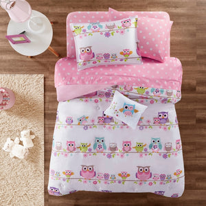 White & Pink Owl Floral Bedding Little Girls Queen Comforter Bed in a Bag Set