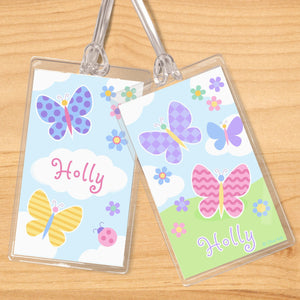 Juego de 2 etiquetas con nombre para niños personalizadas con diseño de jardín de mariposas