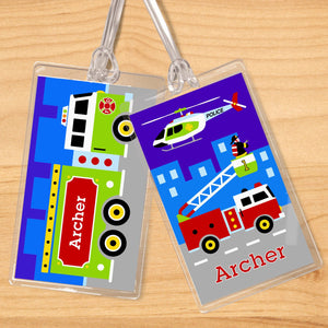 Juego de 2 etiquetas con nombre para niños personalizadas para camión de bomberos de Rescue Heroes EMT