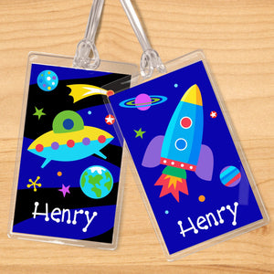Juego de 2 etiquetas con nombre para niños personalizadas con diseño de cohetes, planetas y ovnis en el espacio exterior