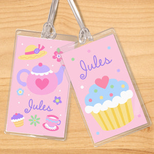 Lot de 2 étiquettes nominatives personnalisées pour enfants, motif Tea Party rose, pour fille