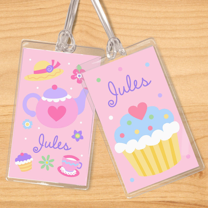 Girl Tea Party Pink Personalized 2 PC Kids Name Tag Set
