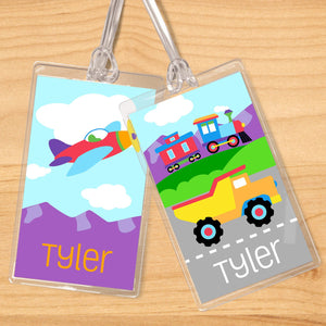 Trains Planes Trucks Personalized 2 PC Kids Name Tag Set