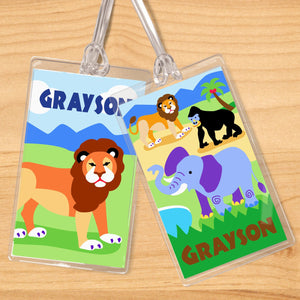 Lot de 2 étiquettes nominatives personnalisées pour enfants Motif animaux sauvages Lion Éléphant